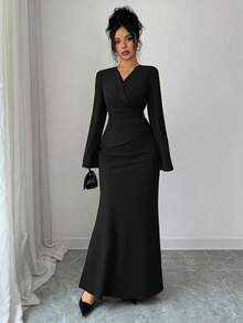 SHEIN Elenzya Women's Elegant Long Red Dress, New Year Dress, New Year Outfit, Thanksgiving Outfit, Elegant Party Dress, Long Party Dress, Wedding Guest Dress, Fashion Wedding Evening Gown - Black - View 8