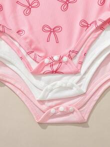 Souflis Souflis 3pcs/Set Newborn Baby Girl Casual Everyday Cute Bow Pattern Soft Knit Fabric Bodysuit Set, Spring/Summer - Multicolor - View 5