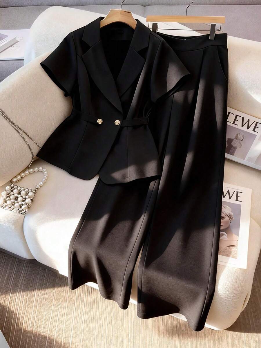 GlowEve CURVE Plus Size Women's Hot Selling Short Sleeve Blazer And Minimalist Casual Pants 2 Piece Set, Suitable For Different Occasions, Commuting, Fashionable Outings, Straight Leg Slimming Pants, Waist Slimming Blazer Jacket