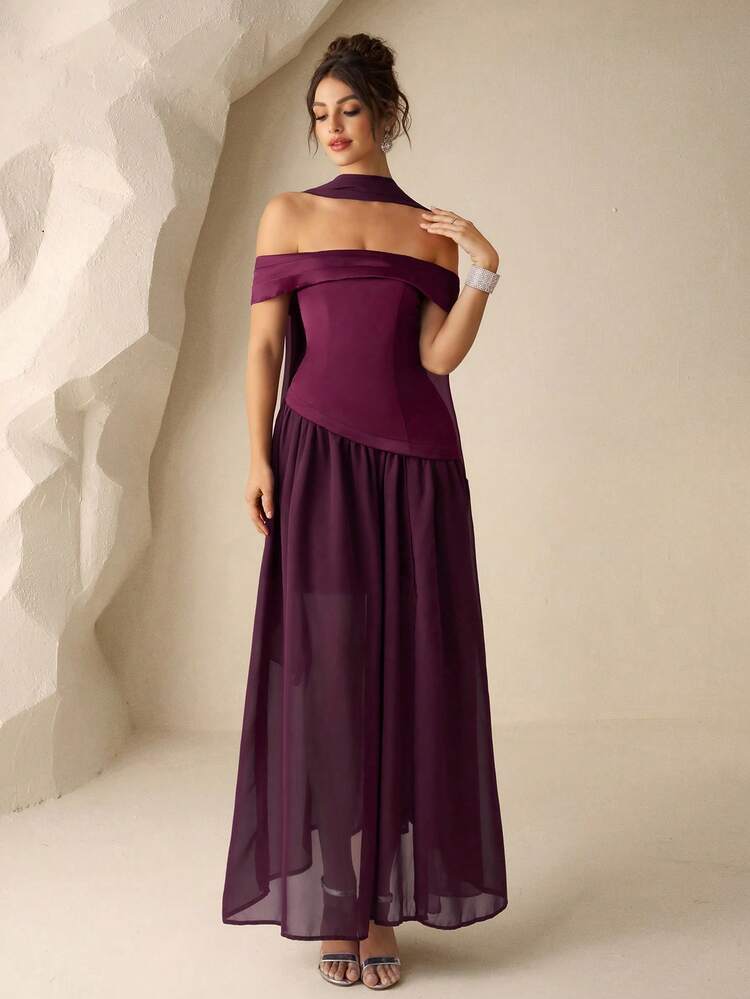 plum off the shoulder bridesmaid dress Draped Wrap Off-the-Shoulder Satin Column Maxi Dress