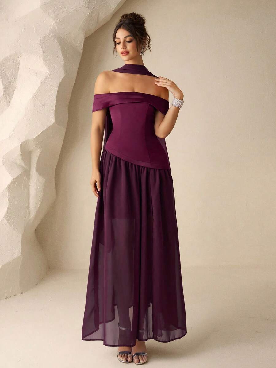 Poshira 女士优雅露肩纯色正式礼服（带装饰） - 紫色 - 查看 1