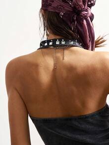 Bohemela 波西米亚风秋冬/春装外套，复古女士休闲纯色水洗黑色针织修身露背吊带上衣，饰有铆钉细节，西部乡村风格，适合音乐会派对、海滩度假、日常穿着、返校季、外出、派对、情人节、新年、2000年代Y2K、夏季假期等场合。 - 黑色 - 查看 7