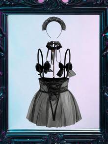 Fantasy Costume Fantasy Costume 大码蕾丝蝴蝶结内衣套装，2件套 - 黑色 - 查看 2