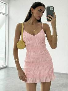 Aloruh Women's Deep V-Neck Textured Fabric Pink Vacation Dress,Pink Dress - Pink - View 2