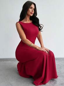 Firerie 女士优雅浪漫约会派对长裙，红色无袖船领露背大蝴蝶结装饰荷叶边下摆修身长裙，适合情人节约会，优雅大方，新款女士连衣裙 - 紅色 - 查看 7