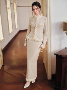 Anewsta 女士荷叶边拼接优雅上衣和半裙两件套 - 杏色 - 查看 3