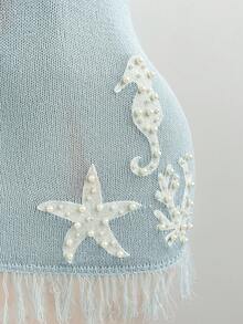 Flirla 女士性感时尚串珠装饰流苏下摆无袖迷你针织连衣裙 - 藍色 - 查看 5