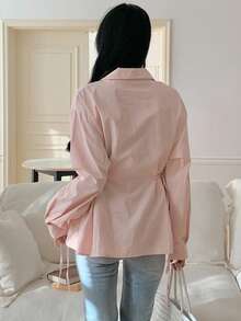 DAZY Women's Turndown Collar Side Drawstring Tie Casual Urban Shirt - Pink - View 3