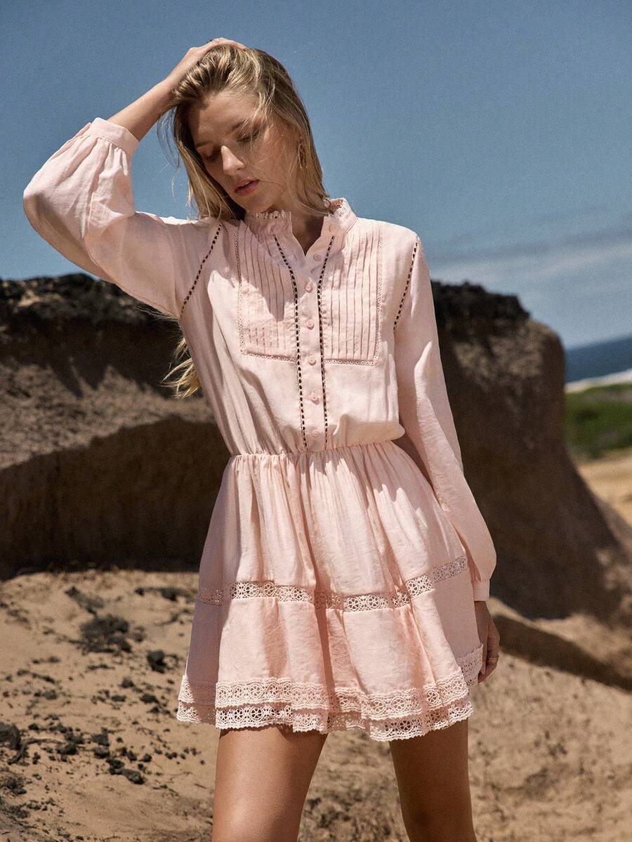 MOTF STUDIO 女士天丝亚麻拼接蕾丝边松紧腰短连衣裙