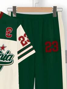 青少年男童新款休闲简约Y2K风格英文字母数字23运动复古美式拼接舒适圆领短袖T恤和裤子套装，适合春夏穿着 - 彩色 - 查看 6