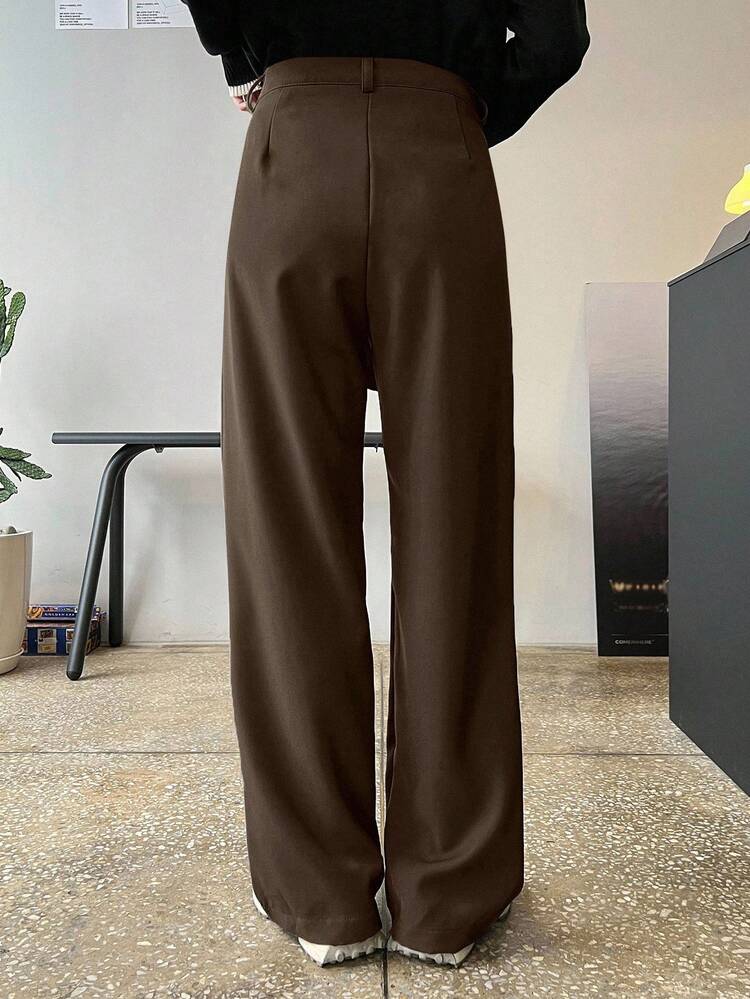 Casual Business Style Pleated Slant Pocket Loose Straight Leg Pants