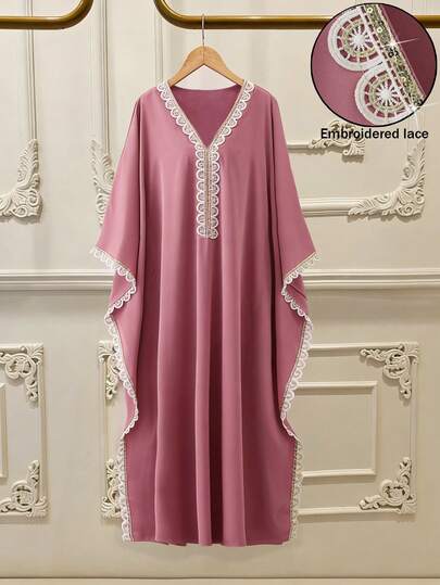 GlowEve 女士优雅V领花卉蕾丝拼接喇叭袖拼接连衣裙