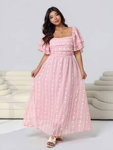 Solflare 加大码粉色碎花短袖方领连衣裙 - 彩色 - 查看 7