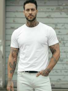 HIMLAND 男士纯色简约休闲圆领短袖针织T恤白色T恤男士白色T恤空白T恤白色T恤男士白色T恤