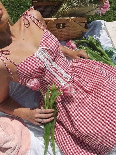 SHEIN MOD Red & White Plaid Romantic Cute Countryside Style Midi Dress,Beach Dress,Vacation, Valentine's Day Dress,Floral Dress,Spring/Summer Outfits, Party , Holiday Outfits, Birthday,Festival,Wedding,Tea Party Dress Gingham Dress Cottagecore Dress Picnic Dress Red Gingham Dress