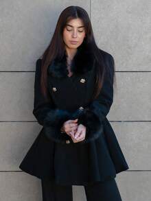 Hitanina 女士优雅喇叭形人造毛皮拼布双排扣夹克，秋冬 - 黑色 - 查看 4