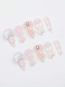 ROMWE Anime 10 Cute Pink Bear Bow Fake Nail Pads And A Piece Of Double-Sided Tape. - Pink - View 2
