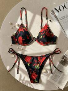 SHEIN Swim Spaghetti Strap Printed Bikini Set For Summer Swimming Wear - Black - View 3