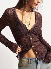 Bohemela Áo thun nữ tay dài cổ chữ V màu nâu trơn, chất liệu dệt kim có họa tiết, kiểu dáng thường ngày, thích hợp cho ngày Valentine, mùa hè, xuân, ngày lễ tình nhân. - Màu xanh lam - Xem 5