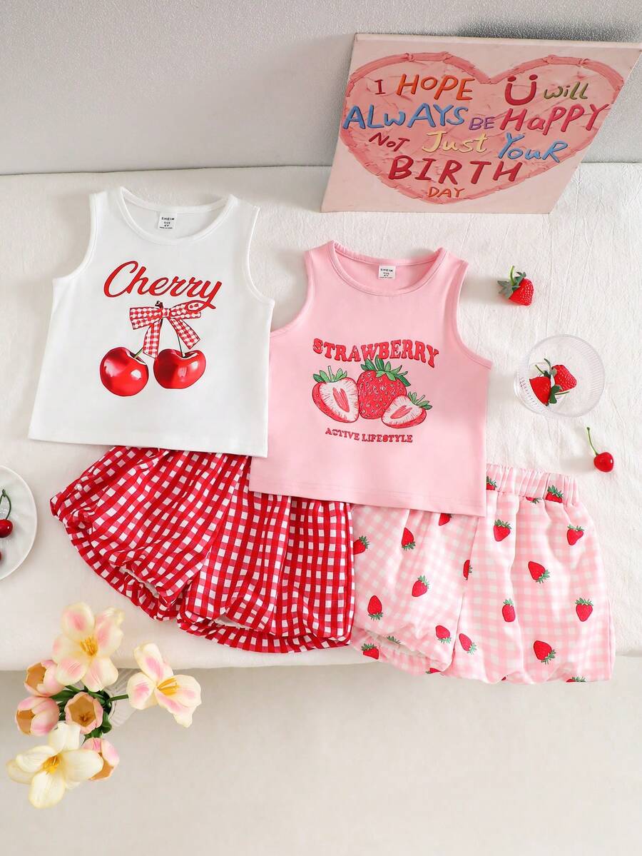 SHEIN Genkimix Kids 4pcs/Set Young Girl Sweet Cherry & Strawberry Print Camisole Top And Strawberry Plaid Ruffle Hem Shorts, Fresh Summer Vacation Style, Suitable For Beach, Travel And Other Summer Occasions - White - View 1