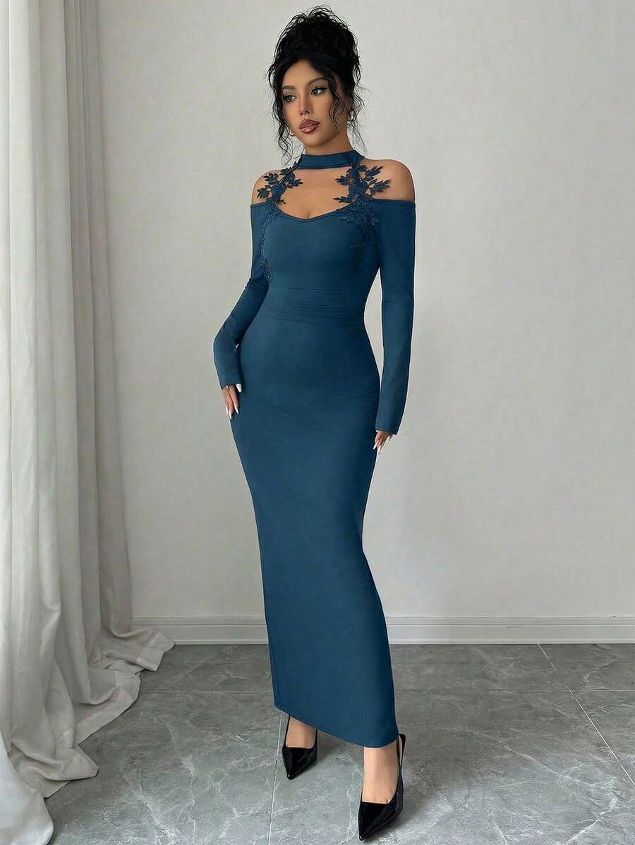 Elenzga Rochie elegantă, sexy, mulată, pentru femei, pentru petrecere de nuntă, cu mânecă lungă și guler înalt, cu model patchwork din dantelă, culoare solidă, toamnă/iarnă - imagine 5