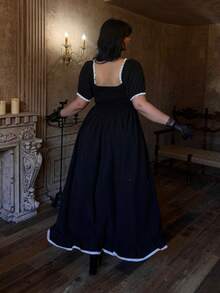 Flirla Vestido de talla grande con mangas abullonadas y dobladillo con volantes, en estilo de bloques de color para primavera y verano - Negro - Ver 2