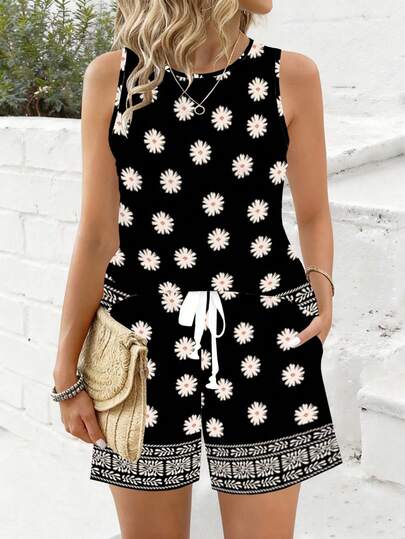 EMERY ROSE 2件套 女士复古休闲碎花图案无袖上衣，舒适休闲度假之选，春夏款