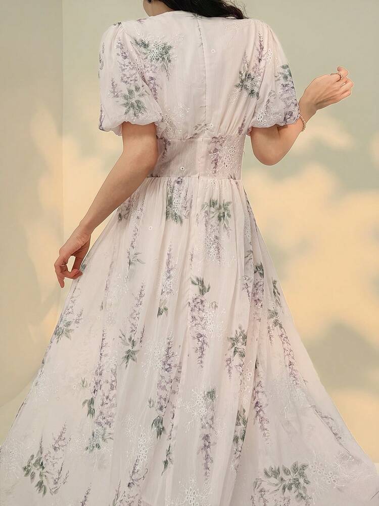 Women's Elegant Floral Embroidered V-Neck Puff Sleeve Midi Dress, Spring/Summer Wedding Guest Dress Sundress