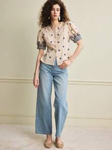 Écloséra Women's Light Apricot Embroidered Print Blouse, Summer Top, Pearl Button, Puff Sleeves, Round Neck, Fitted Waist. Suitable For Summer Wear, Springs, Valentine's Days, Elegant Women's Blouses, Women's Summers, Holidays, Women's Casual Top, Women's Patterned Blouses, White Top, Commuting Fashion, And Other Women's Blouse Styling Options.Fashionable Casual Commuter Wear, Business Office Wear, Versatile And Stylish Everyday Casual Wear, Urban Teacher's Professional Attire - Apricot - View 6