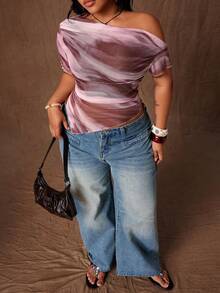 Elenzga 大码艺术渐变网纱不对称肩部度假优雅印花衬衫 - 藕粉色 - 查看 4