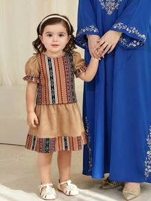 SHEIN Baby Girl Geometric Print Puff Sleeve Shirt Top And Skirt Casual Outfit, Suitable For Daily Wear And Gatherings - Multicolor - View 5