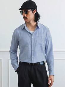 HUEFORM Men's Blue And White Striped Long Sleeve Shirt Regular Fit Casual Button Down With Pocket Details - Blue and White - View 5