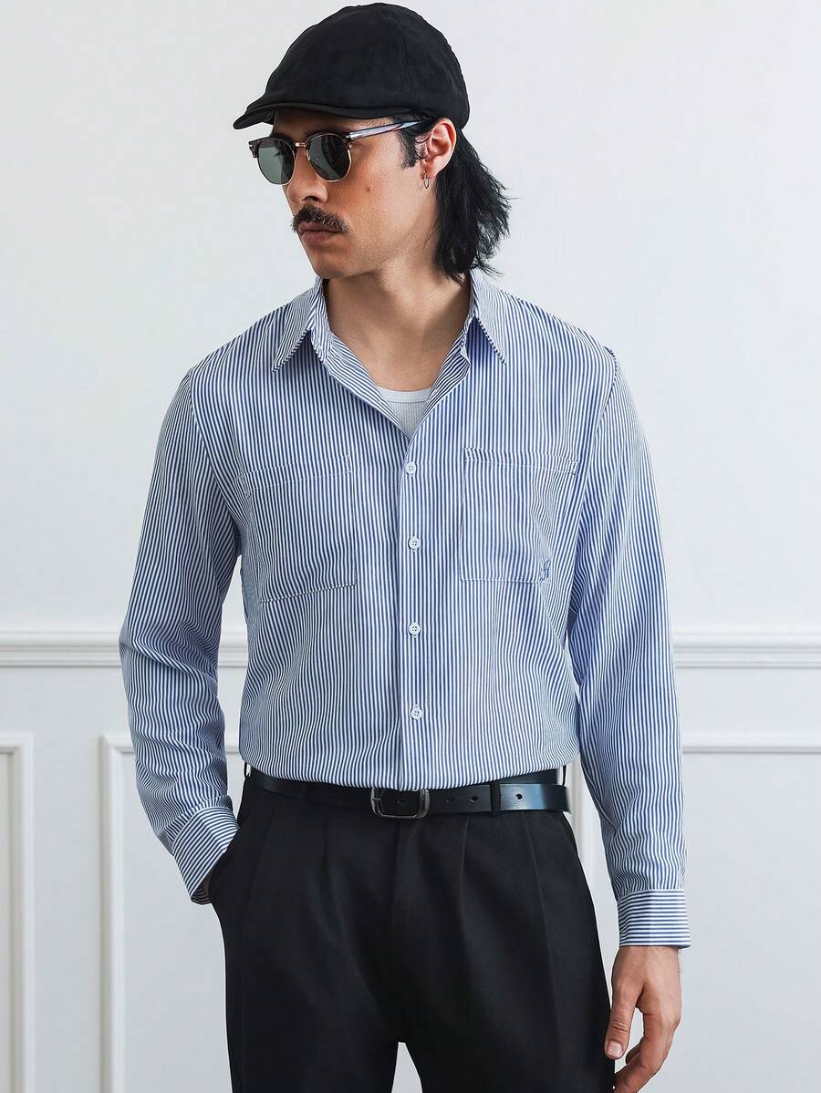 HUEFORM Men's Blue And White Striped Long Sleeve Shirt Regular Fit Casual Button Down With Pocket Details - Blue and White - View 1
