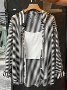 GlowEve CURVE Große Größen Lässig Pendler Gestreiftes Langarm Hemd & Hosenträger Set - Schwarz und Weiss - Übersicht 1
