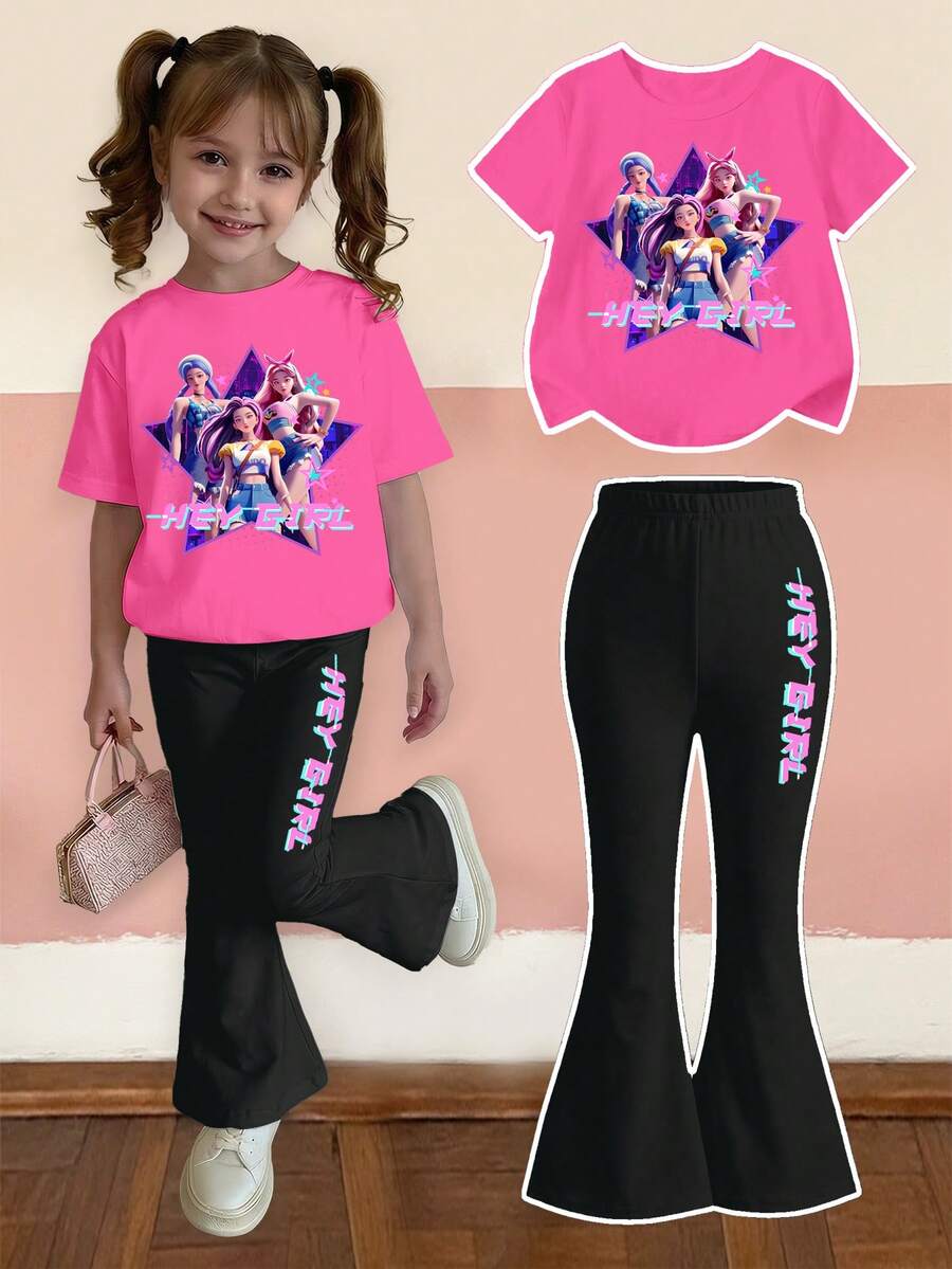 2pcs/Set Girls Casual Fashion T-Shirt And Flare Pants Outfit, Featuring Cool Cartoon Character Prints, Suitable For Spring, Autumn And Winter Seasons, Great For School, Casual Outings, Parties, Outdoor Activities, And Gifts - Multicolor - View 1