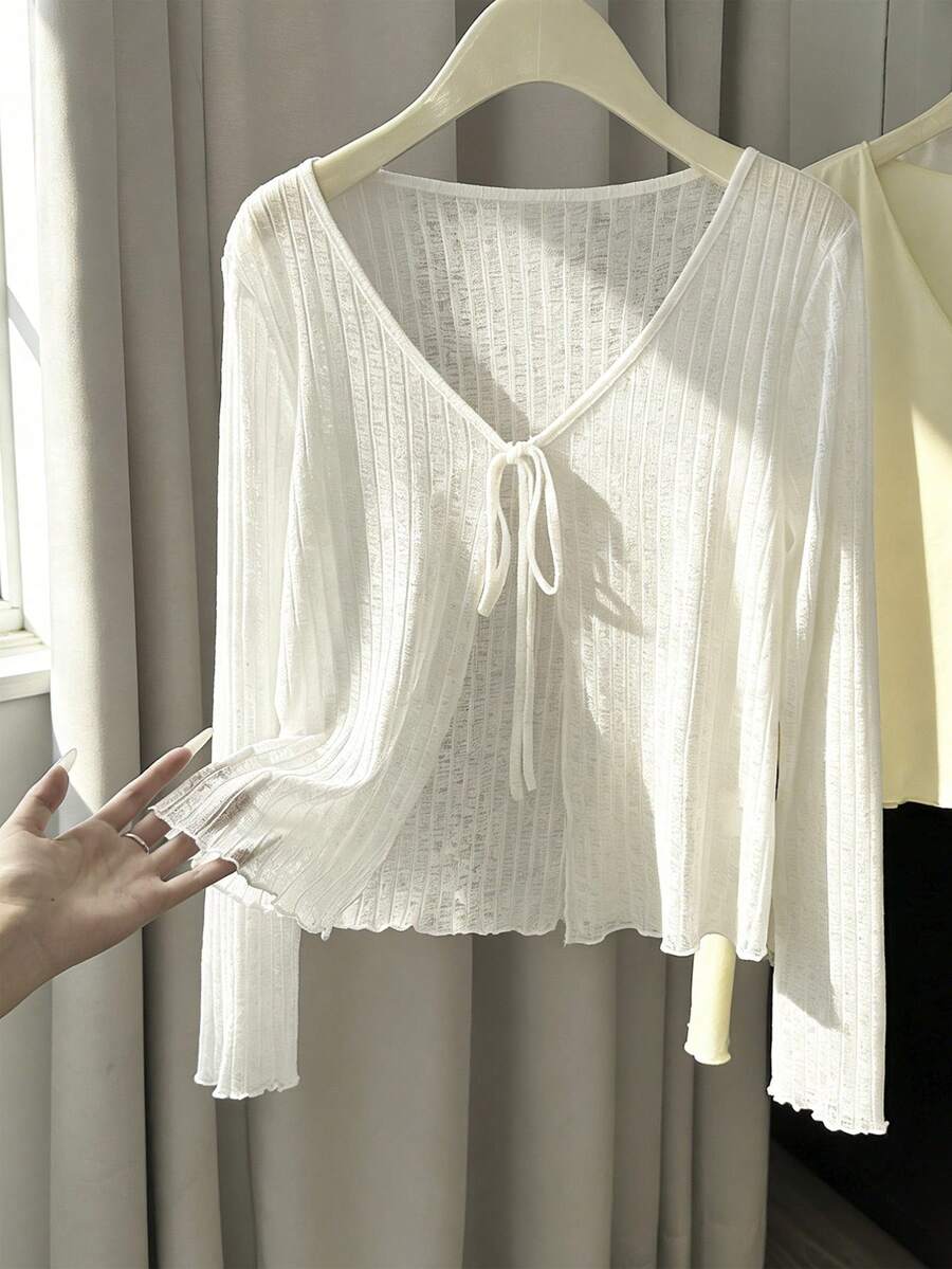 INAWLY Women's White Lightweight Cover Up Thin Shawl Collar Cover Up Long Sleeve Top - White - View 1