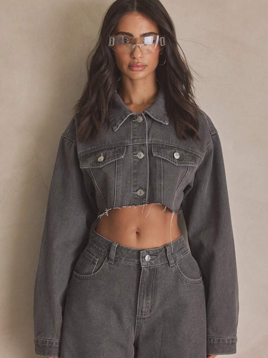 MUSERA Croppeed Washed Denim Jacket Xsummer, Sporty, Casual, Day, Streetstyle, Streetwear - Grey - View 1