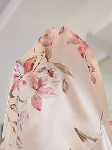 SHEIN 1pc Women's Sexy V-Neck Camisole Nightgown, Elegant Satin Floral Print Long Dress With Lace Trim, All Season - Apricot - View 6