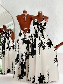 SHEIN Franclia Đầm nữ cổ chữ V, không tay, hở lưng, thắt eo, nơ, chất liệu vải dệt in kỹ thuật số, dáng chữ A, phù hợp mặc hàng ngày và đi nghỉ mát biển. Đầm hè nữ phong cách Boho, trang phục đi biển, trang phục nghỉ dưỡng, đầm đi nghỉ mát, trang phục mùa hè cho nữ, đầm đi biển. - Nhiều màu - Xem 2