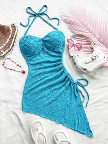 INAWLY Women's Summer Sexy Vacation Style Solid Color Textured Fabric Asymmetrical Hem Drawstring Ruched Twist Front Halter Bodycon Dress - Baby Blue - View 1
