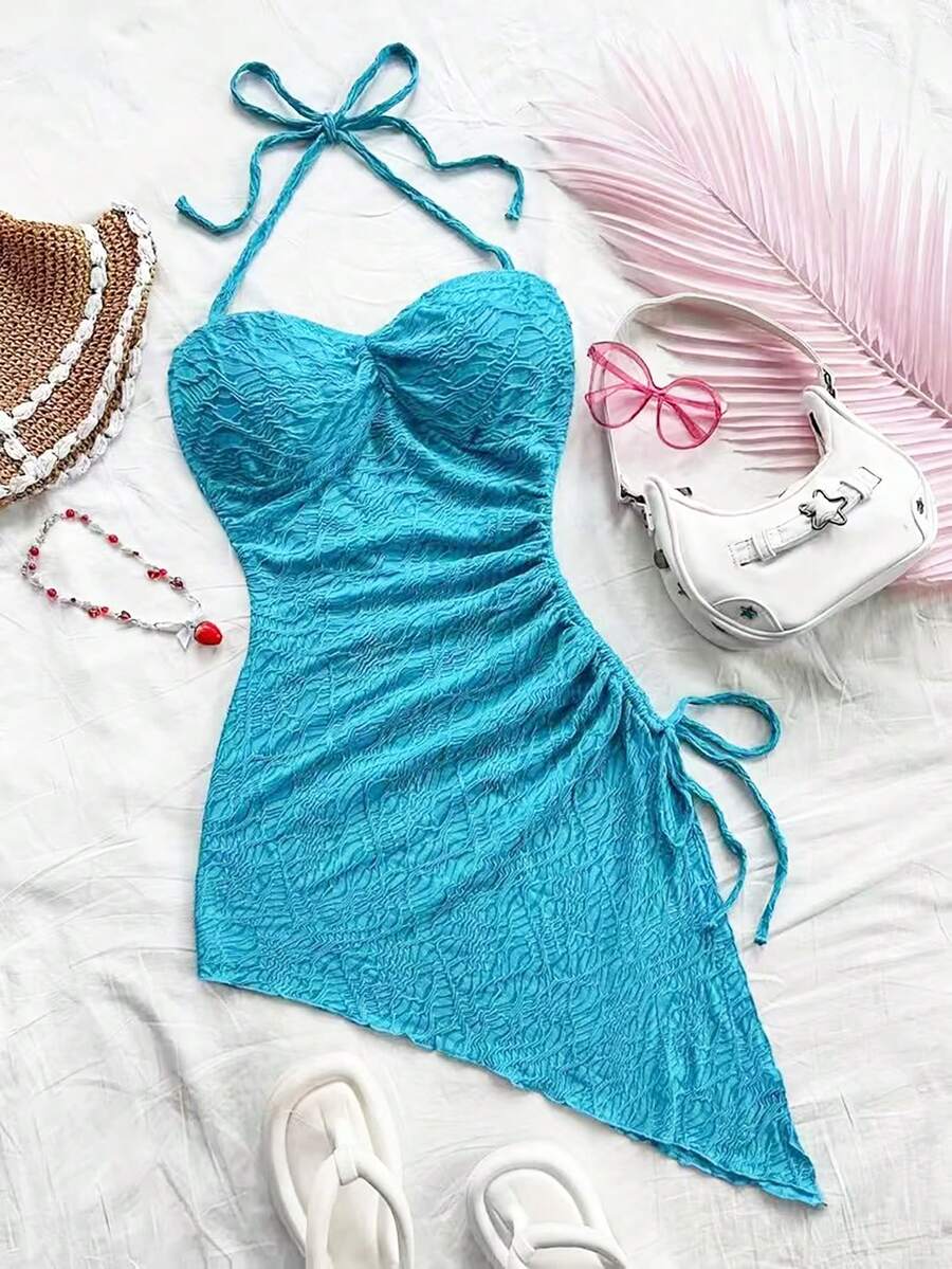 INAWLY Women's Summer Sexy Vacation Style Solid Color Textured Fabric Asymmetrical Hem Drawstring Ruched Twist Front Halter Bodycon Dress - Baby Blue - View 1