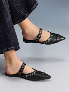 CUCCOO GRLICON Zapatos planos con puntera puntiaguda y decoración de remaches para mujer - Negro - Ver 3