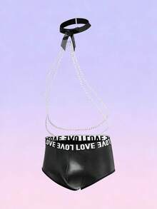 FeverCity Men's Sexy Lingerie With Letter Woven Strap And Chain Necklace - Black - View 5