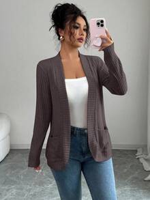 SHEIN PETITE 女士休闲罗纹抓绒开襟侧袋短款轻薄外套 女士开衫 薄款开衫 女士开衫 女士开衫 - 摩卡棕 - 查看 1