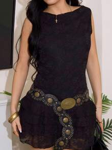 AfricaSnchz White Lace Floral Cake Tiered Culottes Sleeveless Ruffled Mini Dress Summer Holiday Boho Style, Elegant, Beach Holiday,Western Wear Women,Ibiza Outfits , Rave Outfits , Concert Outfit Women,Club Outfits Women Sexy,Boho Clothes Women - Black - View 5