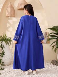 Tween Girl Vacation Embroidered Round Neck Loose Casual Dress - Royal Blue - View 2