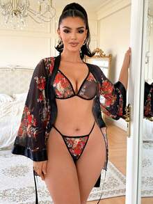 Valentine's Day Women's Sexy Lingerie Set, Includes Printed Mesh Japanese Robe, 4pcs