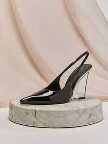 SHUZIA Women's Pointed Toe, Elegant Fashionable Sling Back Wedge Heels For Christmas Valentine's Day - Black - View 2