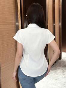 SHEIN Raffinéa 新款优雅修身收腰休闲时尚纯色衬衫 - 白色 - 查看 2