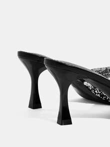 CUCCOO TILAWA 女士方头高跟鞋黑色透明膜镶钻性感时尚华丽宴会派对夜店女士高跟凉鞋拖鞋 - 黑色 - 查看 4